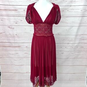 Vintage Y2K Max Studio Red Maiden Midi Dress Mesh Lace Boho Romantic Renaissance